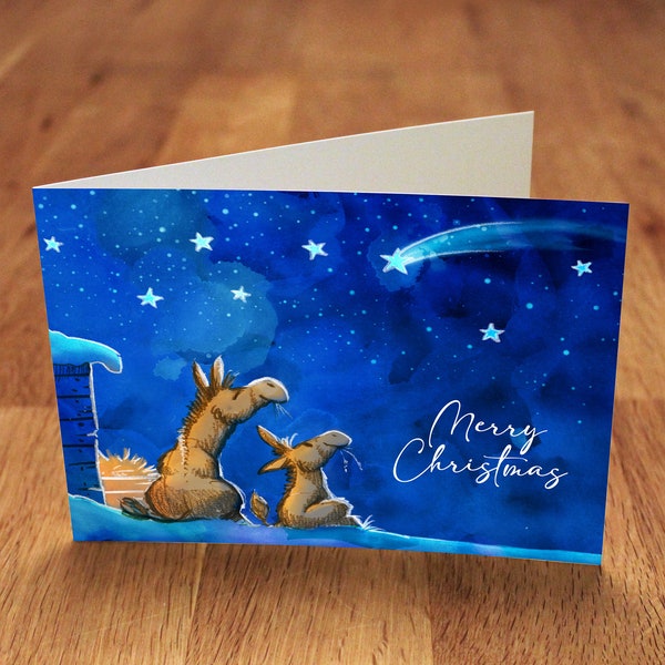 Weihnachts-Grußkarte - Esel mit Weihnachtsstern