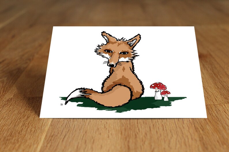 Hübsche Fuchs-Postkarte mit Fliegenpilzen Bild 1
