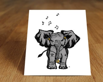 Postcard-Elephant with headphones