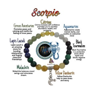 Crystal Stone Bracelet For Scorpio ZodiacSign YellowDanburite, BlackTourmaline,  Aquamarine, Citrine, GreenAventurine, LapisLazuli,Malachite