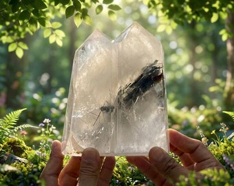 May include: A clear, double-terminated quartz crystal point featuring internal inclusions of dark, needle-like mineral formations. The crystal has a smooth, polished surface and a distinct geometric shape with multiple facets reflecting light.