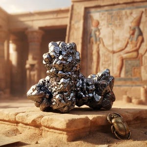 Könnte beinhalten: Ein metallisches, silberfarbenes Mineralkluster mit gezackter, kristalliner Textur liegt auf einem Steinblock. Daneben befindet sich eine kleine, goldfarbene Skarabäus-Käferfigur. Das Objekt hat eine reflektierende, facettierte Oberfläche.