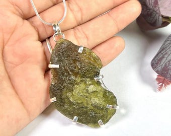 Rare 68Carat Large Moldavite Pendant in SterlingSilver Space Czech Meteorite Tektite Necklace with Chain