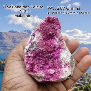 Raro ejemplar de calcita cobaltiana roselita rosa con malaquita (267 gramos)