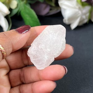 May include: A raw, white crystal with a textured surface, held in a hand with maroon nail polish. The crystal is set against a dark background with floral accents.