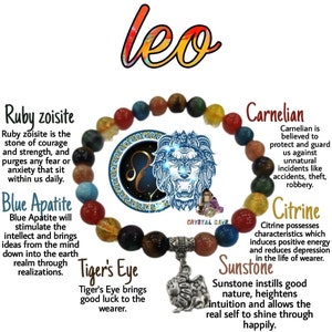 Crystal Stone Bracelet  For Leo Zodiac Sign Sunstone, Blue Apatite, Carnelian, Ruby Zoisite, Tiger's Eye, Citrine