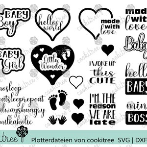 May include: Black and white SVG cut files for a variety of baby-themed designs, including "Baby Boy", "Baby Girl", "Hello World", "Little Wonder", "Made with Love", "I Woke Up This Cute", "Hello Baby", "Mini Boss", and more.