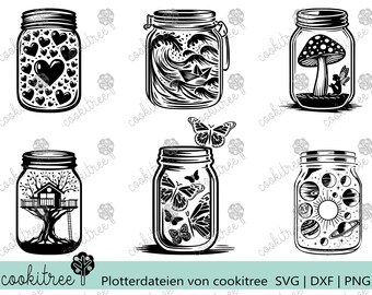 Plotter file plotter template plot dxf svg png jam jar preserving jar heart bundle collection butterfly mushroom fairy sun planet sea