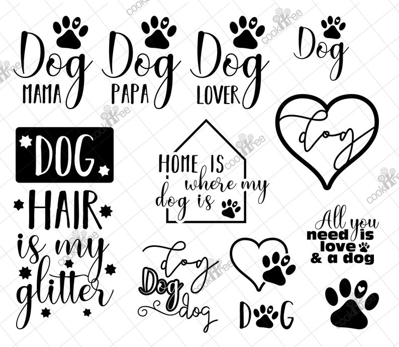 K&ouml;nnte beinhalten: Schwarz-wei&szlig;e Grafikdesigns mit verschiedenen Hunde-Motiven und Slogans, darunter "Dog Mama", "Dog Papa", "Dog Lover", "Home is where my dog is", "Dog Hair is my glitter", "All you need is love & a dog" und "Dog".