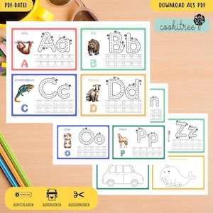 Pode incluir: Cartões educativos do alfabeto com ilustrações de animais, linhas de rastreamento e as letras de A a Z. Cada cartão tem uma borda colorida diferente. O texto "DOWNLOAD ALS PDF" e "cookitree" está incluído.