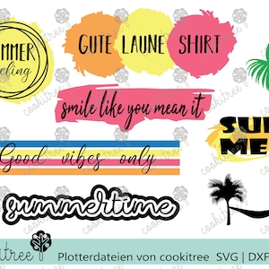 以下が含まれることがあります： 夏をテーマにしたSVGカットファイル10点セット。「Summer Feeling」「Gute Laune Shirt」「Smile Like You Mean It」「Good Vibes Only」などのフレーズが含まれています。デザインには、ヤシの木、ハンモック、スタイリッシュなフォントで書かれた「Summertime」も含まれています。