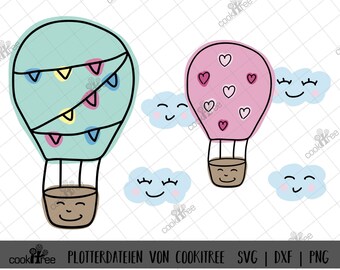 Plotter file plot plotter template dxf svg png hot air balloon cloud balloon colorful summer balloon heart pennant laugh clouds