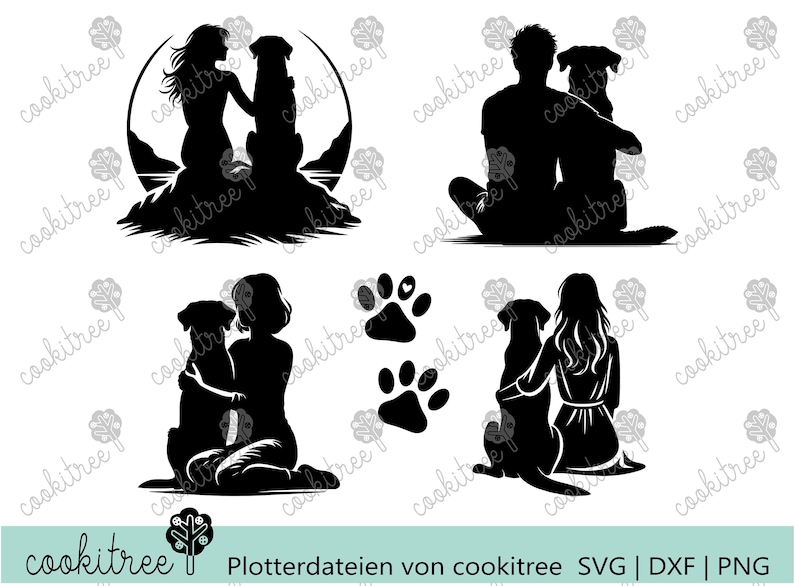 May include: Black silhouette designs featuring people with dogs, including a couple, a person sitting with a dog, and a person hugging a dog. Also includes paw prints. The text "Plotterdateien von cookitree SVG | DXF | PNG" is at the bottom.
