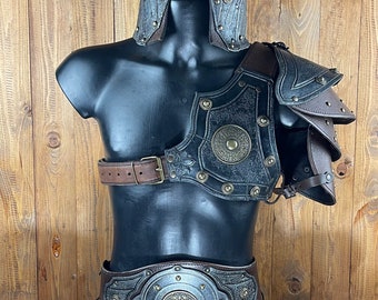 Decorated leather barbaric asymmetrical armor setst perfect for role play and cosplay