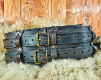 Dark Brown Weathered Double Leather Big Belt  - Handcrafted - Perfect for Larp, Cosplay, Cinema and Theatre