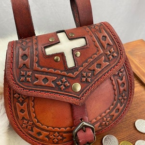 Handcrafted red leather belt bag with white cross perfect for reenactment role play and cosplay