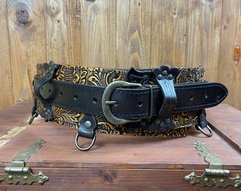 FLORAL Single Leather Belt Gold or Silver - Handpaintend - Handcrafted - Perfect for Larp, Cosplay, Cinema and Theatre