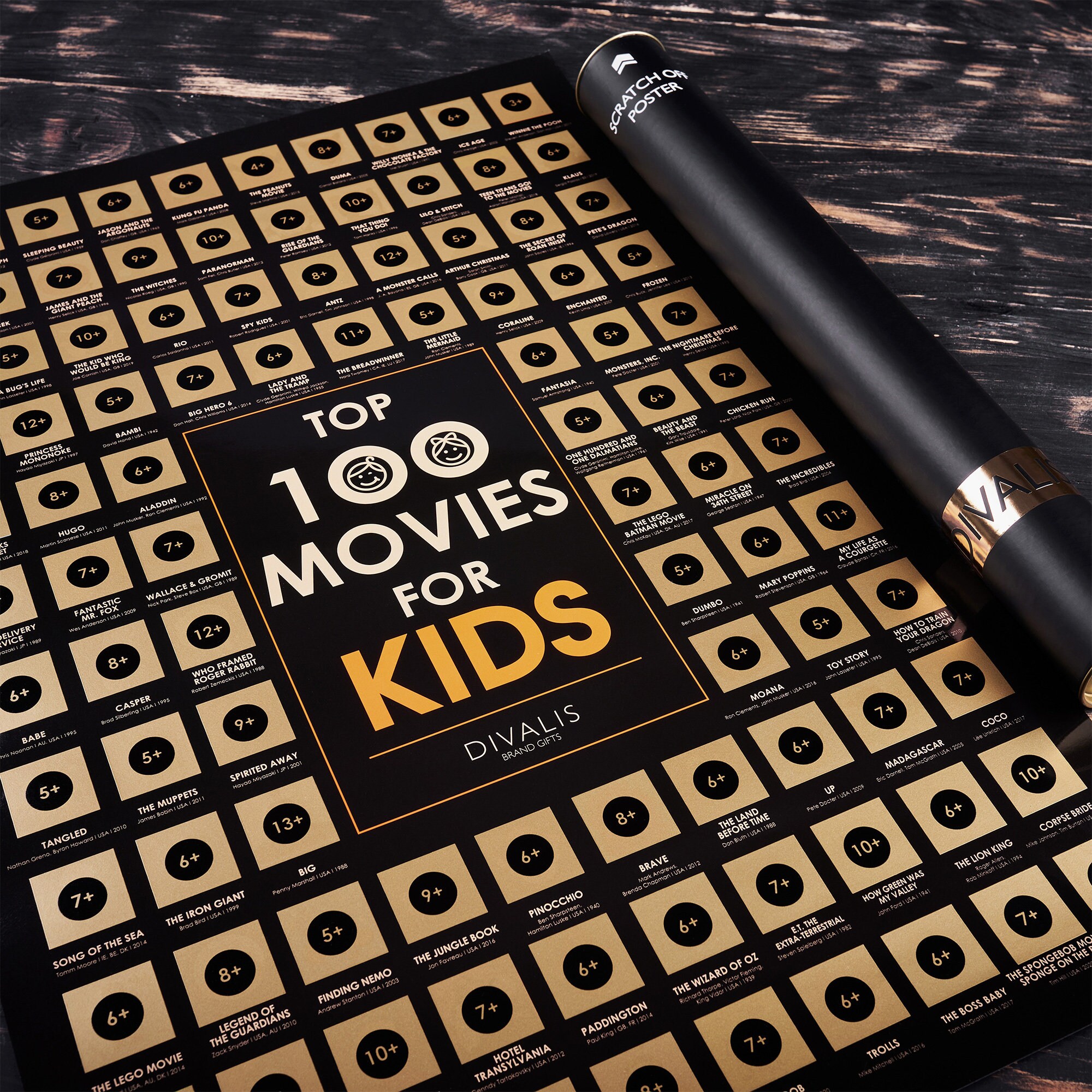 Scratch Off Kids Movies Poster - Top 100 Kids Bucket List Map - Large Scratchable Children Cinema Poster - Essential Movies Chart - Films Must See Wat