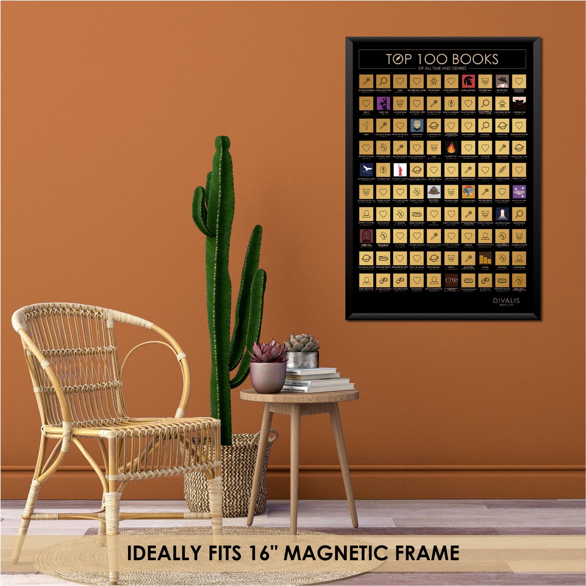 100 Books Scratch off Poster With Scratcher Easy to Frame