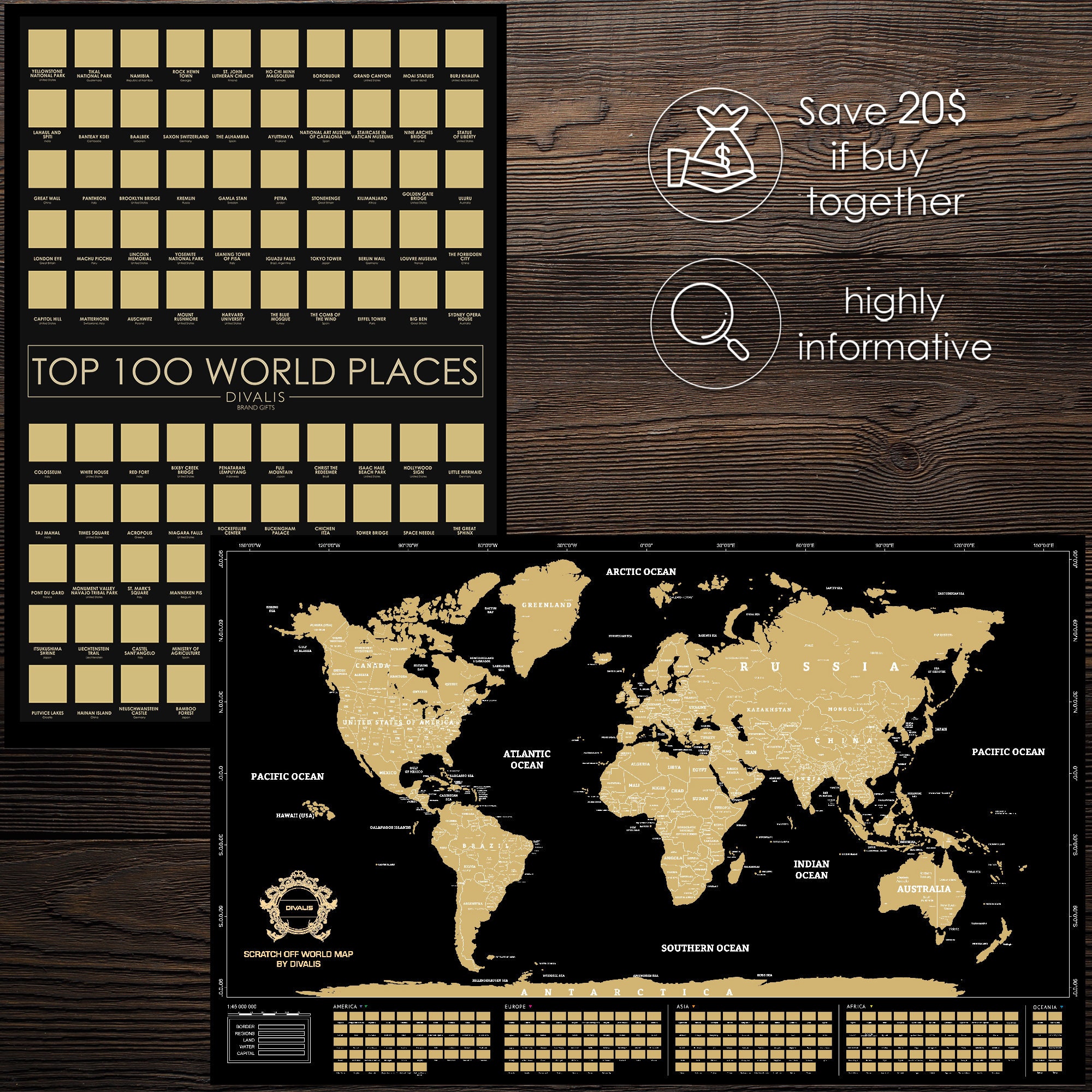 2 in 1 Gift Set Scratch off Map of the World and Top 100 World Places to Visit Scratchable