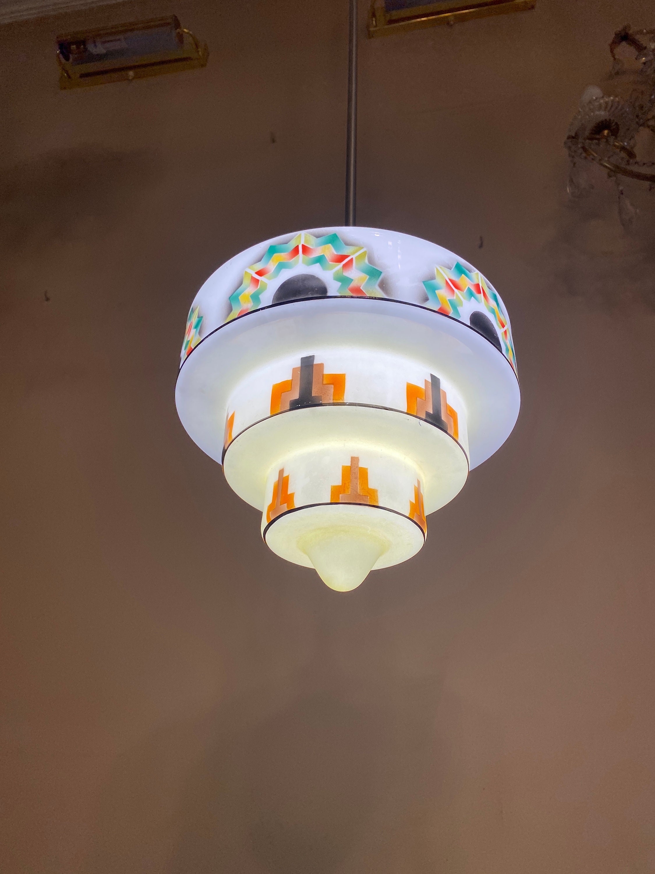 Skyscraper Art Deco Pendant Opaline Lamp White Antique Etsy