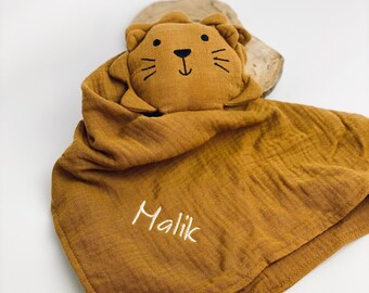 Renifleur lion ocre, renifleur, couverture câline, cadeau de naissance, lion, renifleur avec nom, personnalisé, cadeau de naissance