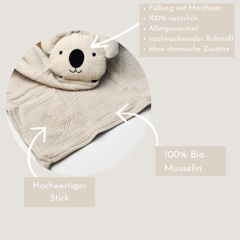 Schnuffelkoala creme, Koala in creme, Schnuffeltuch, Schmusetuch, Koala, Geburtsgeschenk, mit Namen, personalisiert, Babygeschenk Bild 3