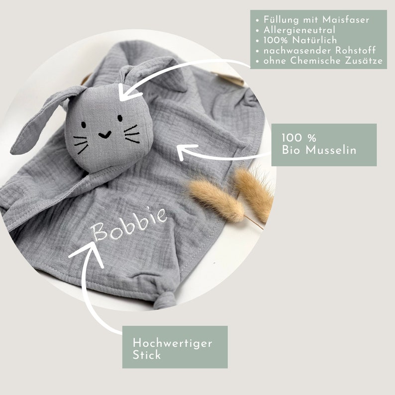 Schnuffelhase grau, Schnuffeltuch, Schmusetuch, Geburtsgeschenk, Kuscheltuch, Schnuffeltuch mit Namen, Personalisiert, Geschenk baby Bild 2