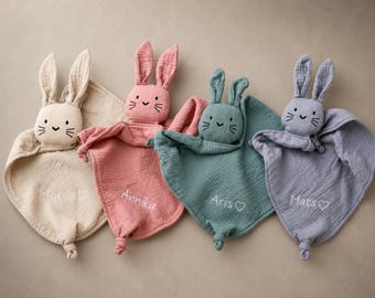 Conejito de peluche personalizado con nombre | Mantita de bebé | Conejito de peluche de muselina | Regalo para baby shower