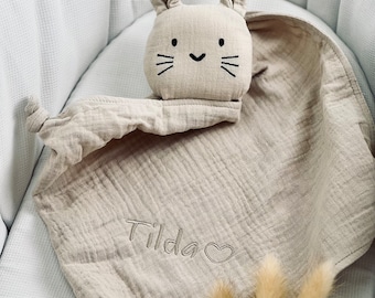 Personalisierter Schnuffelhase mit Namen | Schmusetuch Baby | Geschenk zur Geburt – Schmusetuch Hase Musselin creme