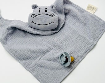 Schnuffel Hippo gris, couverture câline, couverture câline, couverture câline, cadeau de naissance, avec nom, personnalisé, cadeau de bébé, cadeau de naissance