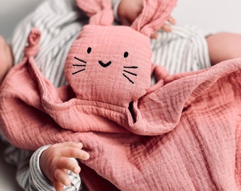 Lapin renifleur rosé, tissu renifleur, couverture câline, cadeau de naissance, tissu bébé, lapin, doudou, nom de doudou, rose, personnalisé