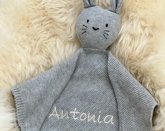 Lapin renifleur au crochet gris, tissu renifleur au crochet, couverture câline, cadeau de naissance, couverture câline, lapin renifleur, avec nom, personnalisé