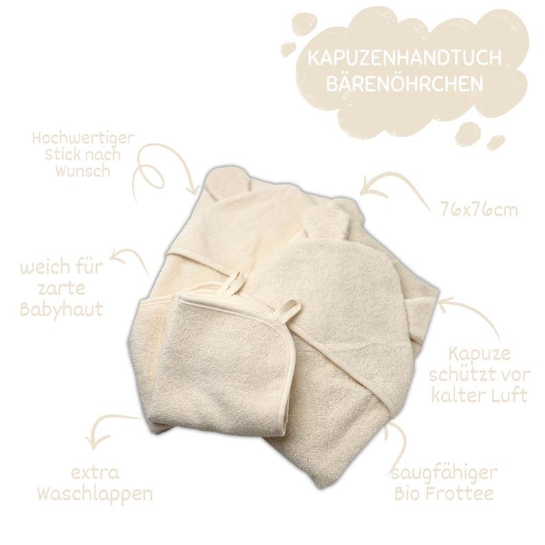 Puede incluir: Una toalla con capucha de color crema con una toallita a juego. La toalla est&aacute; hecha de algod&oacute;n org&aacute;nico y est&aacute; dise&ntilde;ada para ser suave y absorbente. La toalla tiene una capucha para proteger la cabeza del beb&eacute; del fr&iacute;o. La toalla mide 76 cm por 76 cm.