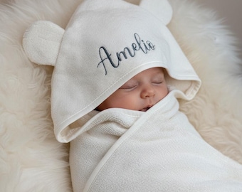 Bio Kapuzenhandtuch Baby Bär – Weiches Handtuch– Geschenk zur Geburt & Taufe – Badetuch Baby – Optional mit Namen personalisiert