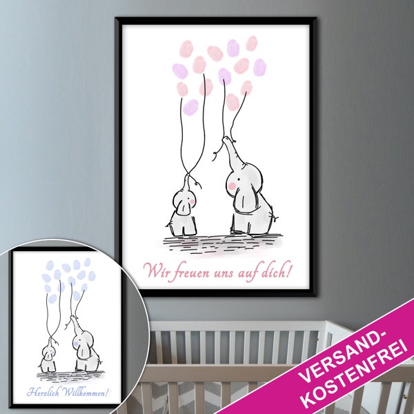 BABYPARTY picture with fingerprints elephant with balloons gift GEBURT baptism gift PDF