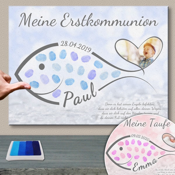 Leinwand mit Foto Fisch KOMMUNION TAUFE personalisiertes Geschenk Fingerabdruck Name Datum