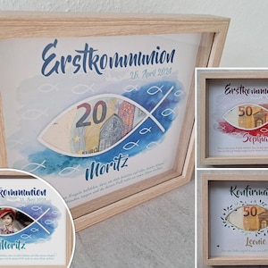 Geldgeschenk zur Kommunion Konfirmation Firmung Taufe Jugendweihe Bilderrahmen für Geldscheine mit Namen PDF Bild Last-Minute-Geschenk