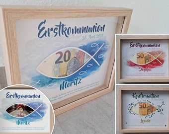 Money gift for communion, confirmation, baptism, youth consecration, picture frame for banknotes with name PDF image last-minute gift