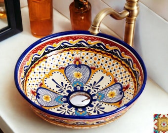 MAYA - Mexiko Waschbecken rund medium - 39 cm Talavera Design-Aufsatzwaschbecken aus Keramik handbemalt für Gäste WC, Marokko-Stil!