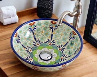 PASION - Mexican handpainted vessel sink round washbasin MEDIUM talavera ceramic handpainted in Mexico for Bathroom and guest bathroom