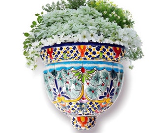 Kleurrijke Mexico muurplantenmand, muurkom, muurbloempot, muurpot bloempot plantenbak, 100% handgeschilderd, Talavera Design CARIBE