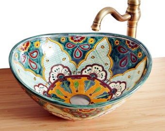 VERANO oval mexican ceramic washbasin, handpainted colorful talavera vessel sink countertop basin from Mexico
