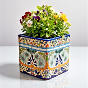Pot de fleurs/jardinière mexicain coloré, carré, CARAÏBES - 19 cm, pièce unique, céramique mexicaine, 100 % peint à la main, style Talavera