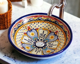 MAYA - Großes Mexiko Waschbecken bunt, rund - 44 cm Schönes Talavera Design-Aufsatzwaschbecken aus Keramik handbemalt für Badezimmer