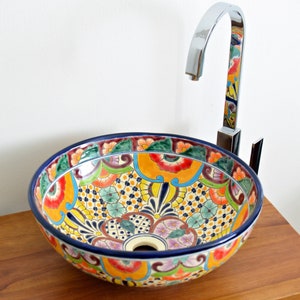 FRIEDA - Mexican handpainted washbasin round sink MEDIUM talavera ceramic handpainted in Mexico for Bathroom and guest bathroom - Size M