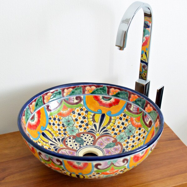 FRIEDA - Lavabo Mexico coloré, rond moyen - 39 cm Vasque à poser design Talavera en céramique, peinte à la main pour toilettes invités, magnifique !