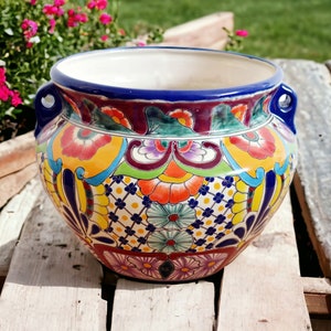 Pot de fleurs coloré Mexique FRIEDA avec poignées - Michoacan 25 cm de haut - Artisanat Talavera - jardinière, jardinière, 100% peint à la main