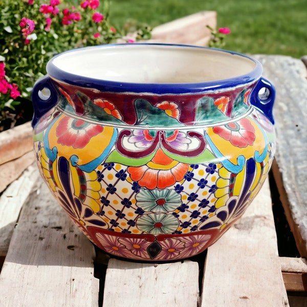 Mexiko bunter Blumentopf FRIEDA mit Henkeln - Michoacan 25 cm groß - Talavera Kunsthandwerk - Übertopf, Pflanzgefäß, 100% handbemalt