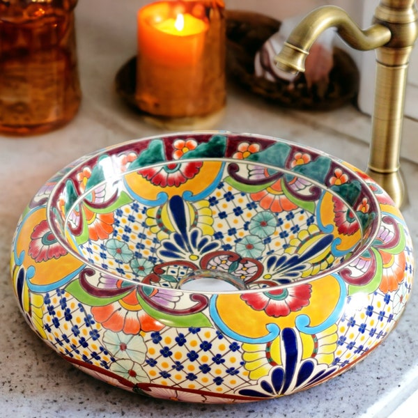 FRIEDA - colorido lavabo artesanal mexicano de ceramica redondo diseño exotico y original para cuarto de baño y huéspedes, estilo talavera